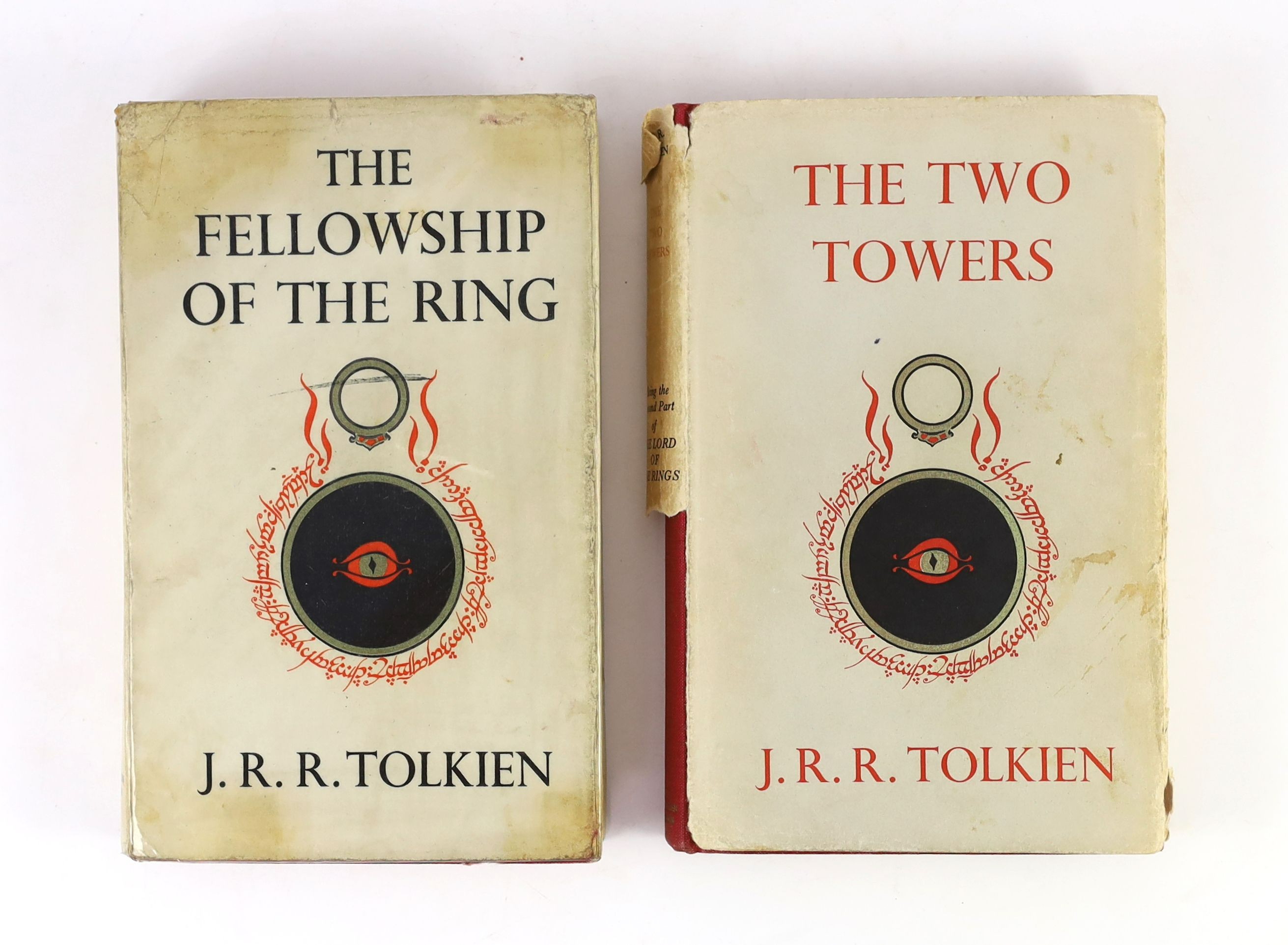 Tolkien, John Ronald Reuel - The Lord of the Rings, 4th impressions of The Fellowship of the Ring, in slightly torn and discoloured d/j, and The Two Towers, d/j torn in half and with 50% loss to spine, ownership inscript